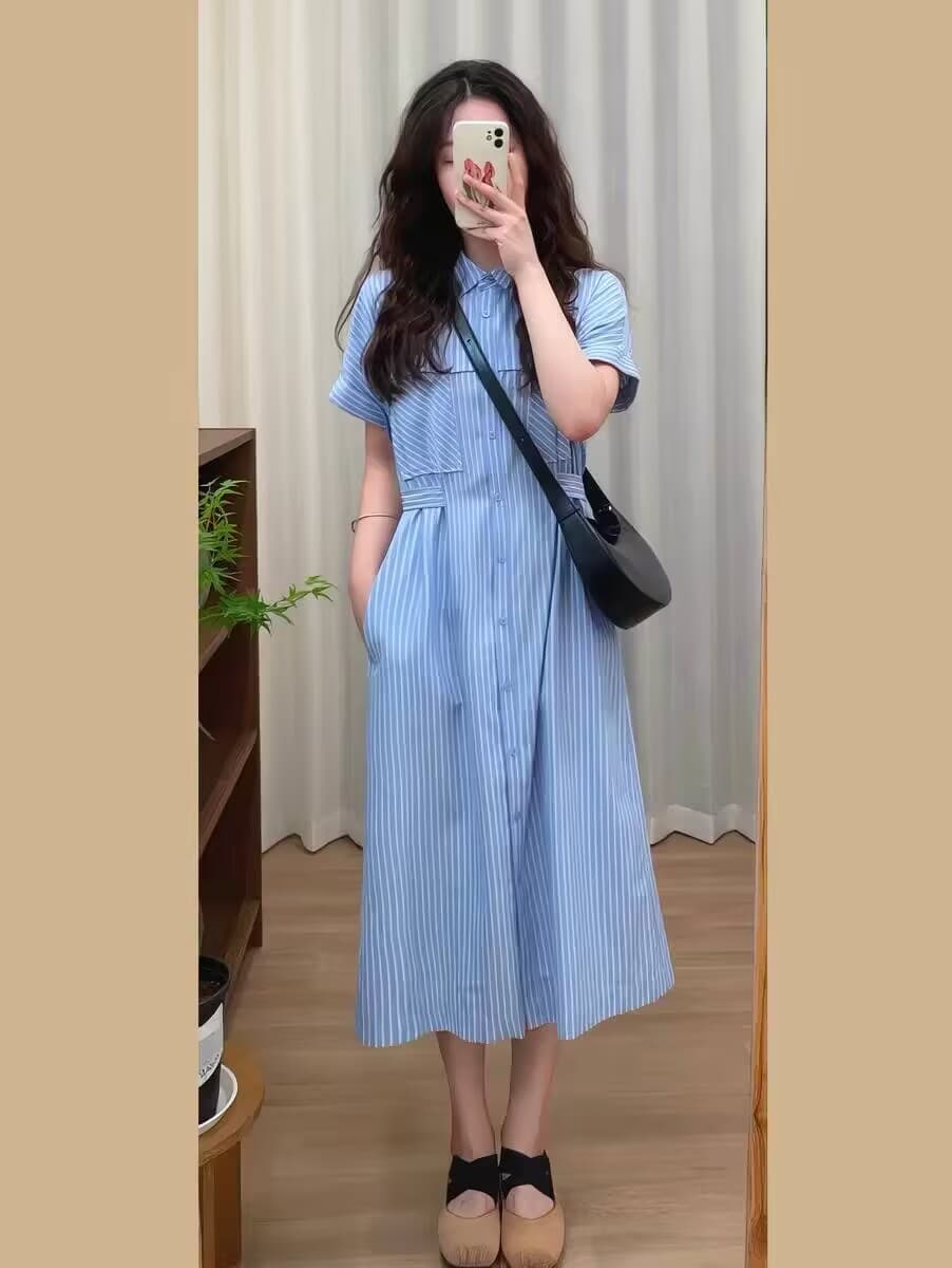 문예 레트로 파란색 스트라이프 셔츠 여성 드레스 여름 새로운 캐주얼 루즈핏 허리 수축 슬림해 보이는 작은 키 롱 스커트
