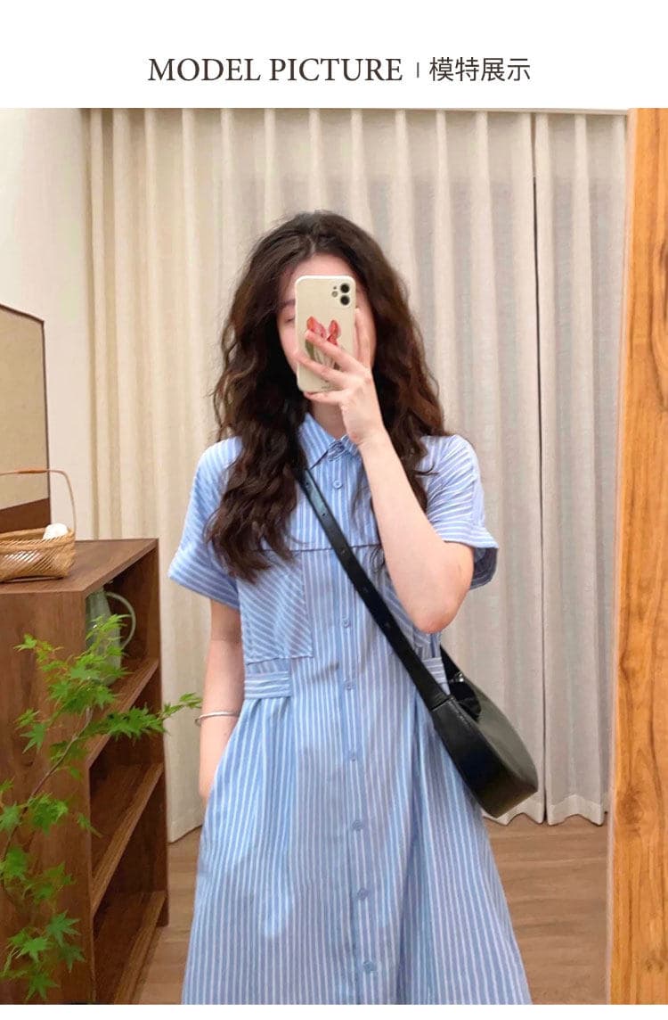 문예 레트로 파란색 스트라이프 셔츠 여성 드레스 여름 새로운 캐주얼 루즈핏 허리 수축 슬림해 보이는 작은 키 롱 스커트 상세 이미지 7