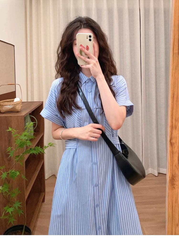 문예 레트로 파란색 스트라이프 셔츠 여성 드레스 여름 새로운 캐주얼 루즈핏 허리 수축 슬림해 보이는 작은 키 롱 스커트 상세 이미지 8