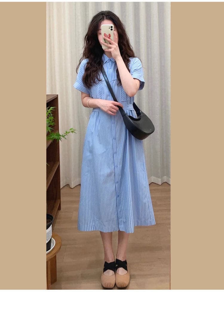 문예 레트로 파란색 스트라이프 셔츠 여성 드레스 여름 새로운 캐주얼 루즈핏 허리 수축 슬림해 보이는 작은 키 롱 스커트 상세 이미지 10