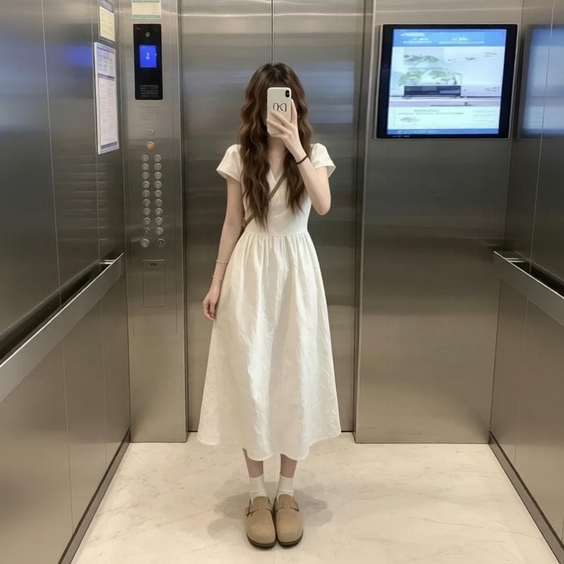 부드러운 바람 화이트 반팔 여성 드레스 2026 여름 새로운 프랑스식 길다 치마 자이언트 잘 생긴 품격 작은 키 이미지 2