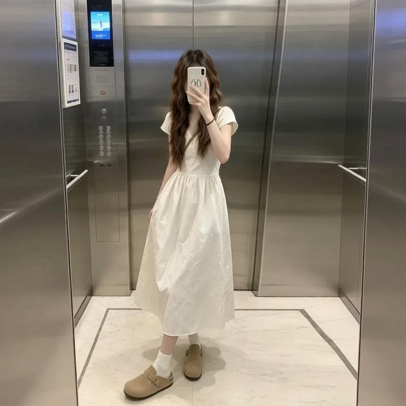 부드러운 바람 화이트 반팔 여성 드레스 2026 여름 새로운 프랑스식 길다 치마 자이언트 잘 생긴 품격 작은 키 이미지 5