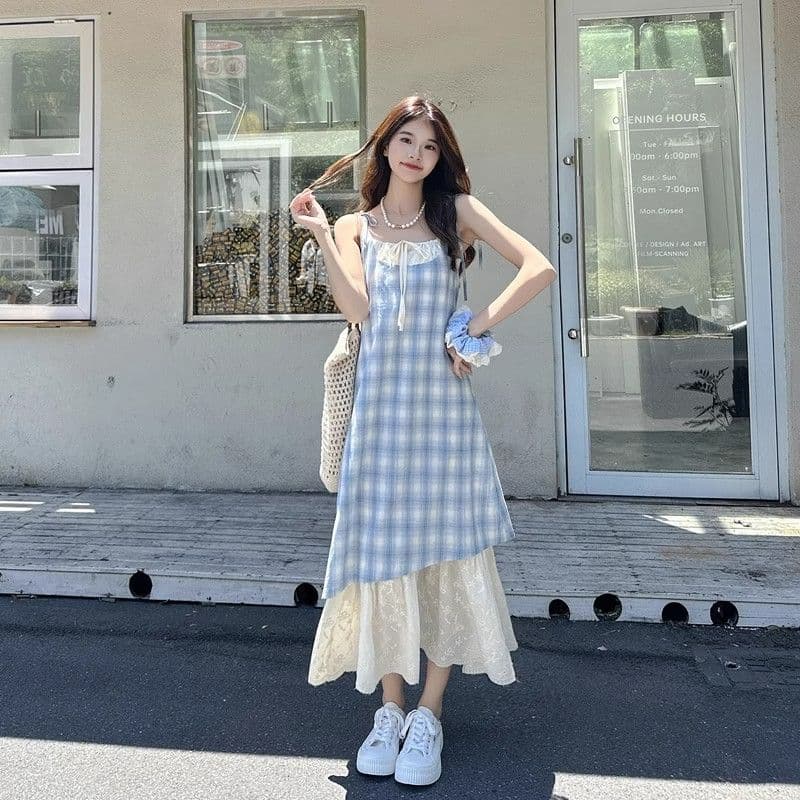 파란색 체크무늬 슬립 드레스 여성 드레스 2026 새로운 여름 페이크 레이어드 해변가 착용 가져 가라. 치마 휴가 롱 스커트 이미지 2
