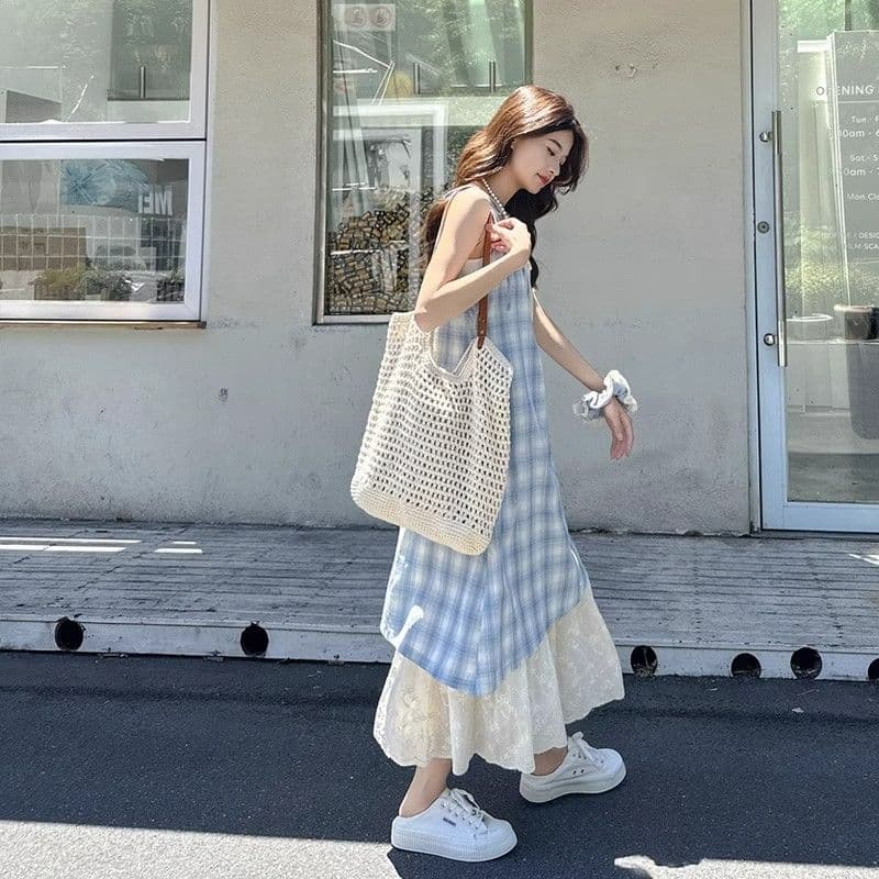 파란색 체크무늬 슬립 드레스 여성 드레스 2026 새로운 여름 페이크 레이어드 해변가 착용 가져 가라. 치마 휴가 롱 스커트 이미지 5