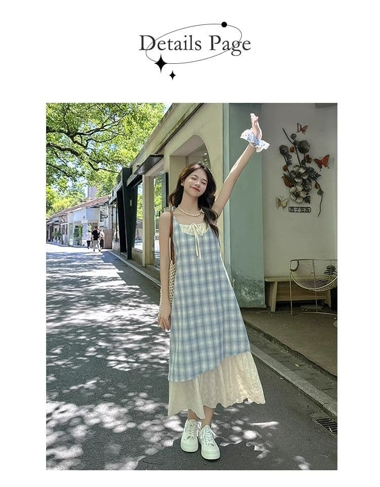 파란색 체크무늬 슬립 드레스 여성 드레스 2026 새로운 여름 페이크 레이어드 해변가 착용 가져 가라. 치마 휴가 롱 스커트 상세 이미지 2