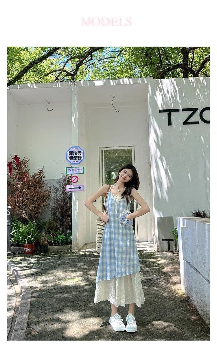 파란색 체크무늬 슬립 드레스 여성 드레스 2026 새로운 여름 페이크 레이어드 해변가 착용 가져 가라. 치마 휴가 롱 스커트 상세 이미지 5