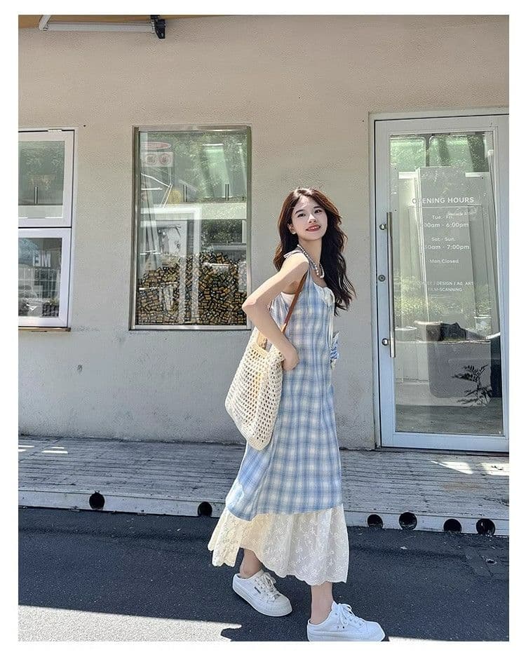 파란색 체크무늬 슬립 드레스 여성 드레스 2026 새로운 여름 페이크 레이어드 해변가 착용 가져 가라. 치마 휴가 롱 스커트 상세 이미지 6