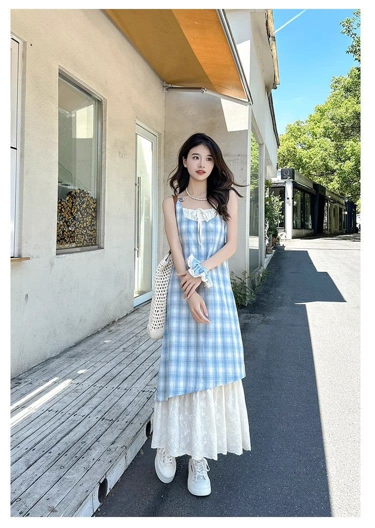 파란색 체크무늬 슬립 드레스 여성 드레스 2026 새로운 여름 페이크 레이어드 해변가 착용 가져 가라. 치마 휴가 롱 스커트 상세 이미지 7