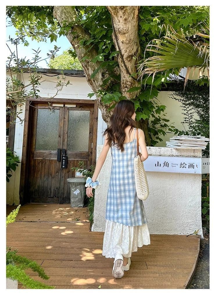 파란색 체크무늬 슬립 드레스 여성 드레스 2026 새로운 여름 페이크 레이어드 해변가 착용 가져 가라. 치마 휴가 롱 스커트 상세 이미지 9