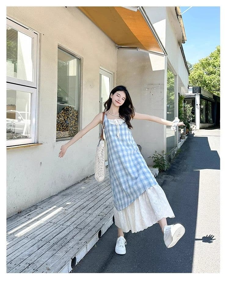 파란색 체크무늬 슬립 드레스 여성 드레스 2026 새로운 여름 페이크 레이어드 해변가 착용 가져 가라. 치마 휴가 롱 스커트 상세 이미지 11