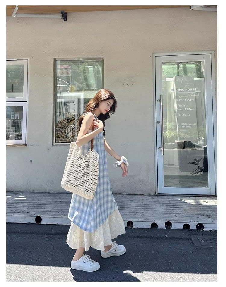 파란색 체크무늬 슬립 드레스 여성 드레스 2026 새로운 여름 페이크 레이어드 해변가 착용 가져 가라. 치마 휴가 롱 스커트 상세 이미지 12