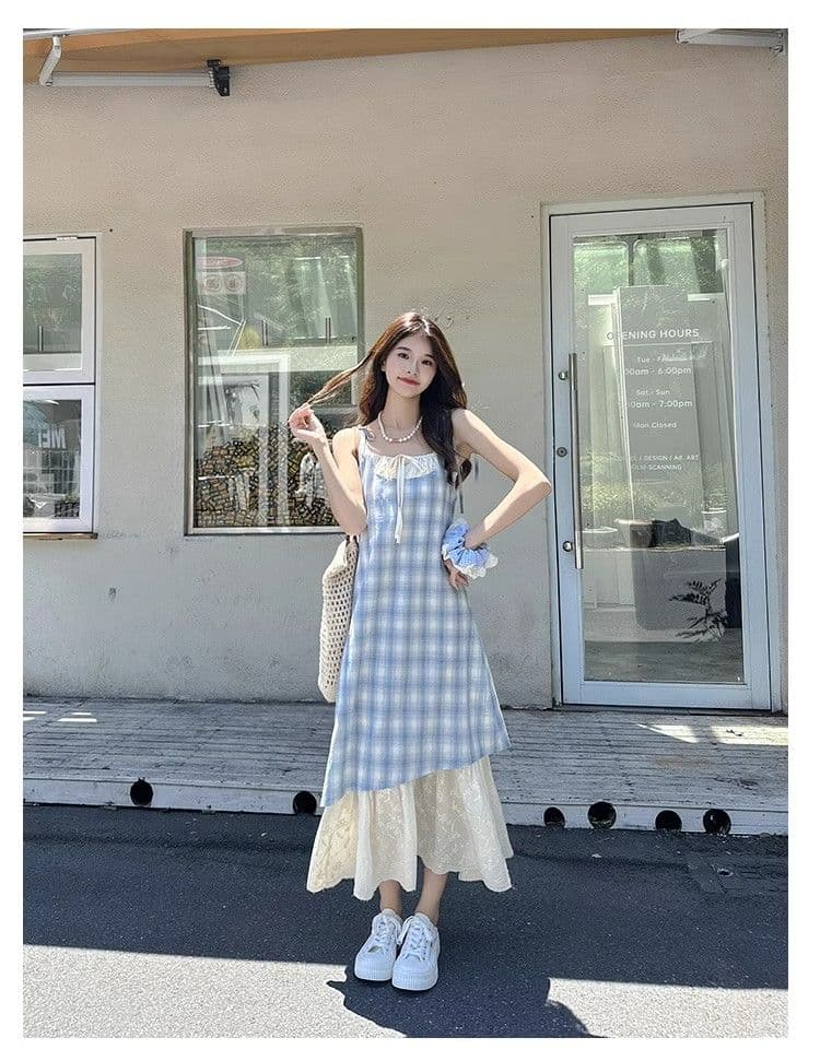 파란색 체크무늬 슬립 드레스 여성 드레스 2026 새로운 여름 페이크 레이어드 해변가 착용 가져 가라. 치마 휴가 롱 스커트 상세 이미지 13