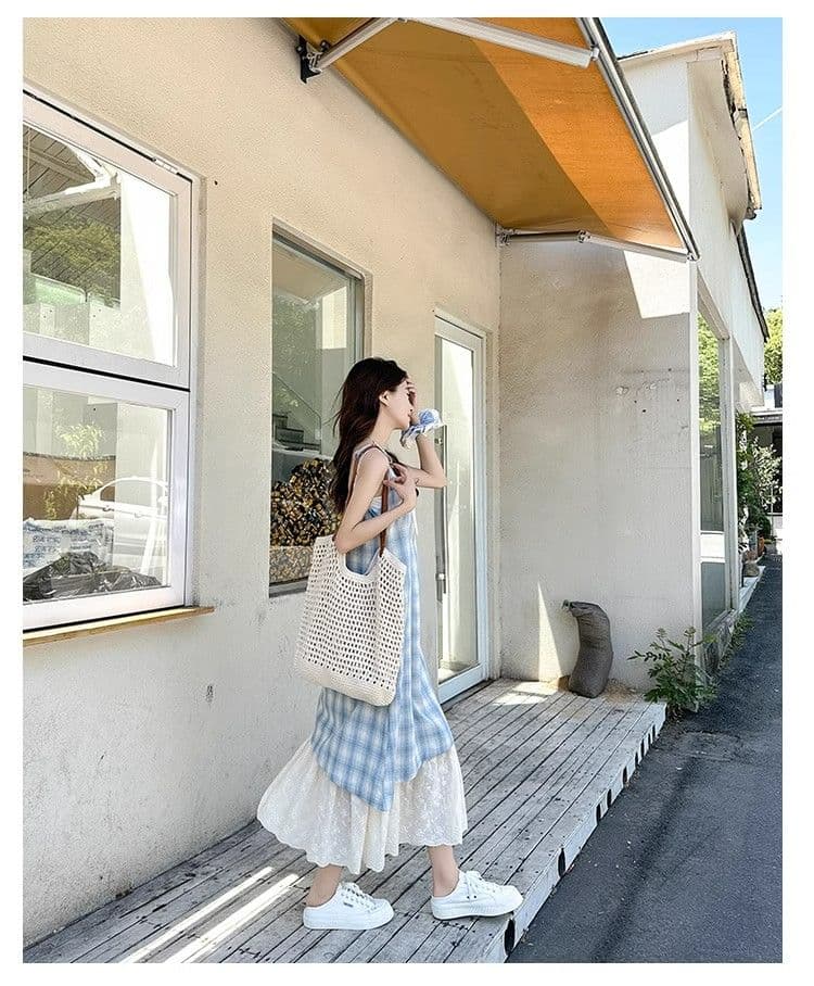 파란색 체크무늬 슬립 드레스 여성 드레스 2026 새로운 여름 페이크 레이어드 해변가 착용 가져 가라. 치마 휴가 롱 스커트 상세 이미지 14