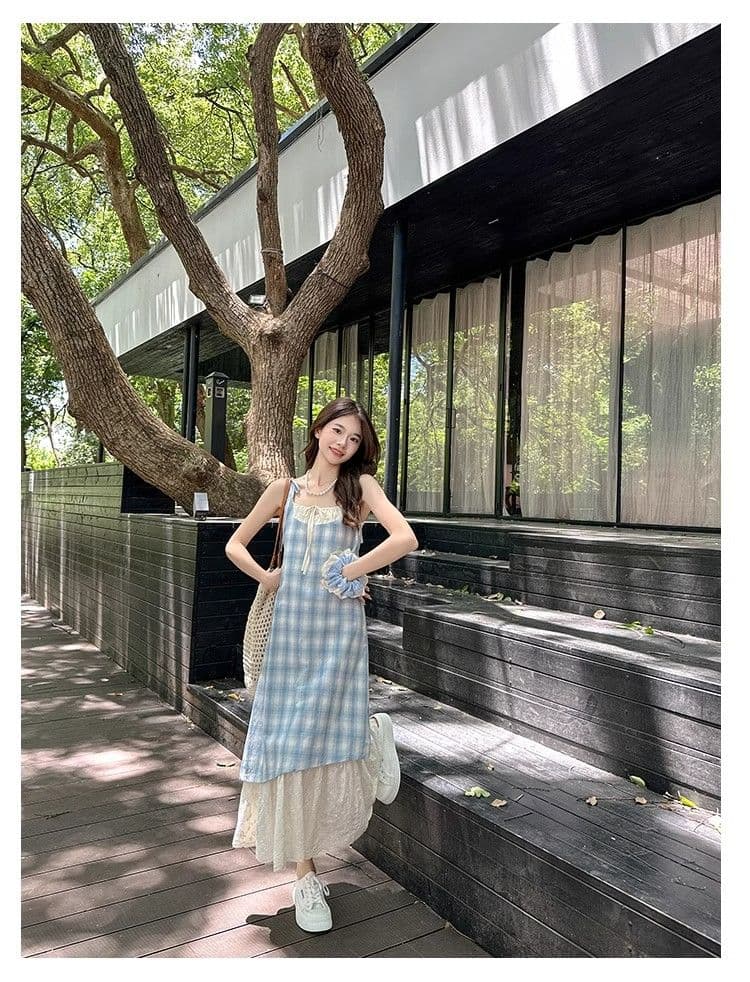 파란색 체크무늬 슬립 드레스 여성 드레스 2026 새로운 여름 페이크 레이어드 해변가 착용 가져 가라. 치마 휴가 롱 스커트 상세 이미지 16