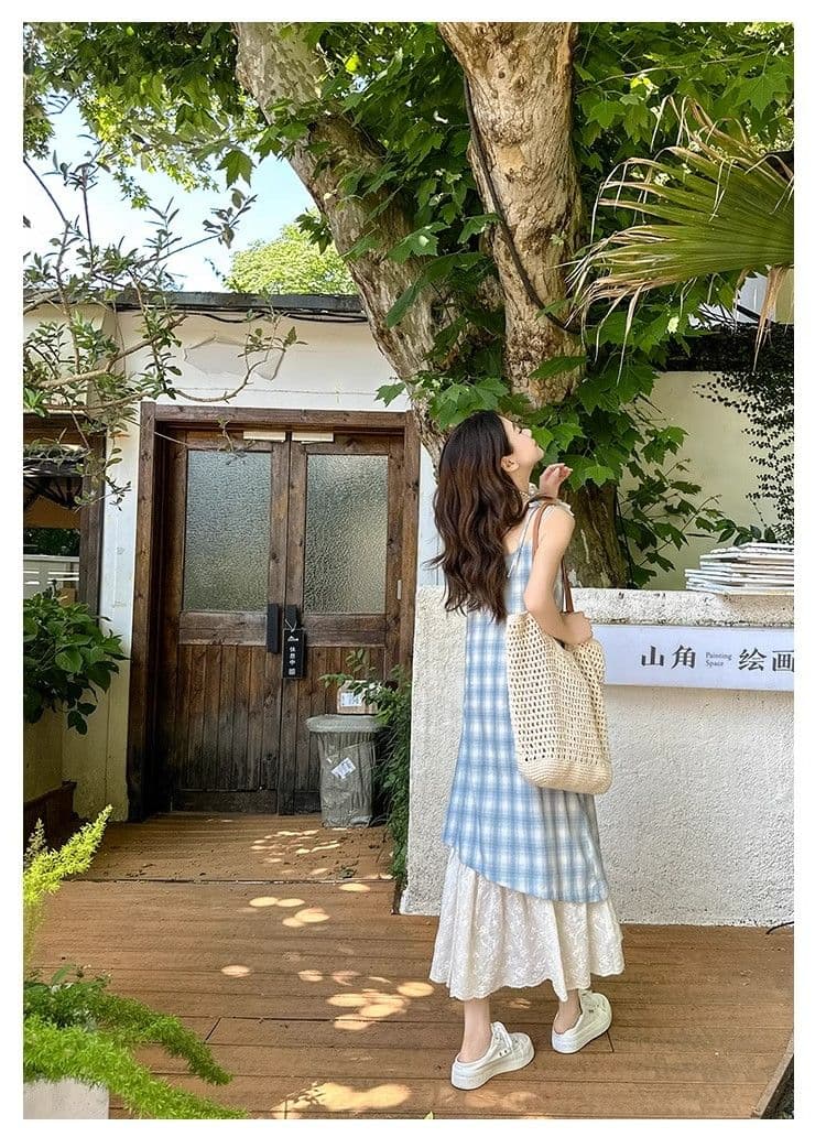 파란색 체크무늬 슬립 드레스 여성 드레스 2026 새로운 여름 페이크 레이어드 해변가 착용 가져 가라. 치마 휴가 롱 스커트 상세 이미지 17