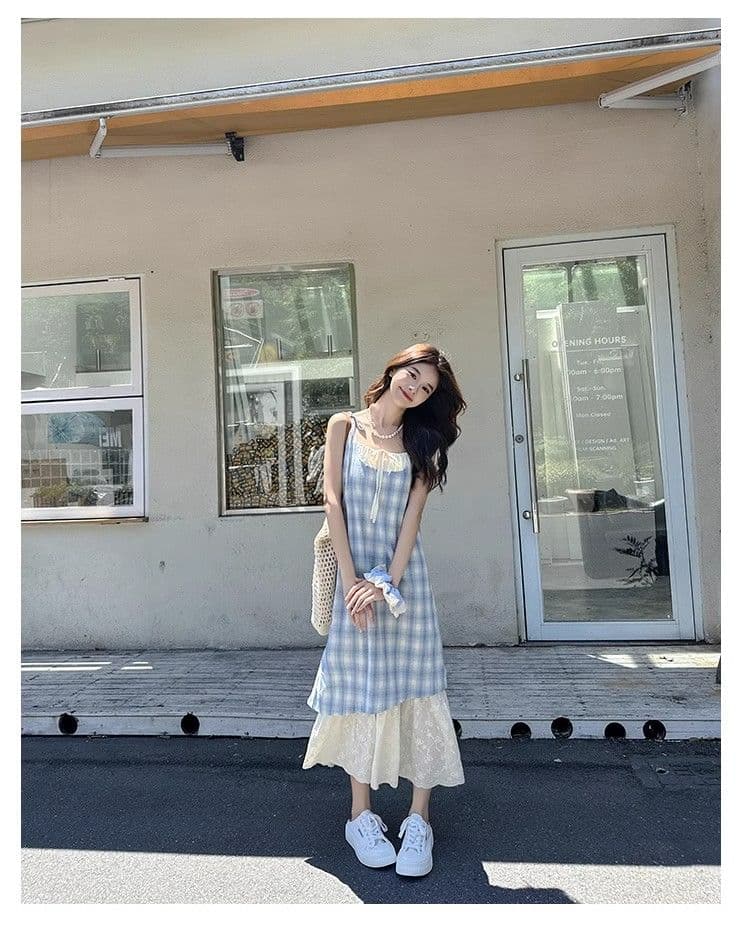 파란색 체크무늬 슬립 드레스 여성 드레스 2026 새로운 여름 페이크 레이어드 해변가 착용 가져 가라. 치마 휴가 롱 스커트 상세 이미지 18
