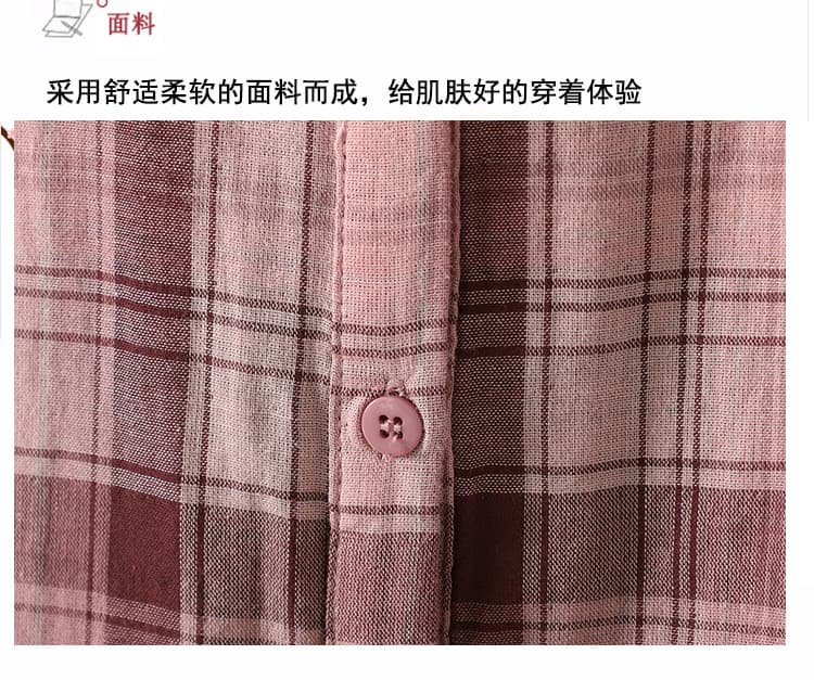 실사 새로운 이중층 면사 V넥 중간 소매 체크무늬 여성 셔츠 부드럽다 프로 피부 순면 5 점 소매 맨위 상세 이미지 6