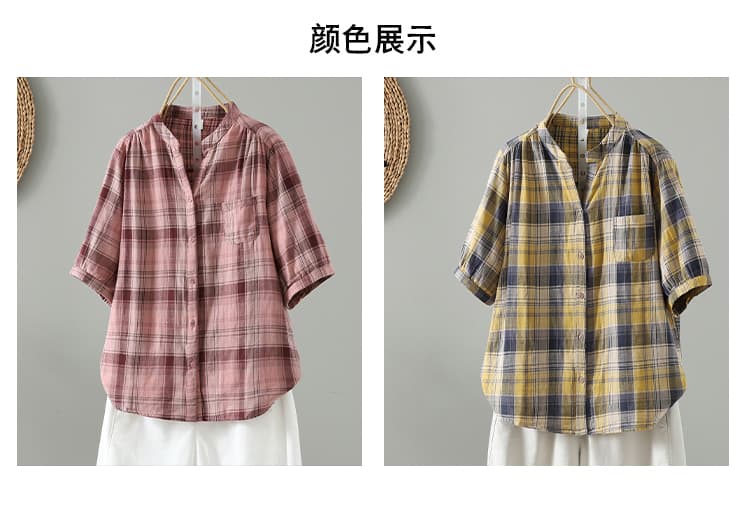 실사 새로운 이중층 면사 V넥 중간 소매 체크무늬 여성 셔츠 부드럽다 프로 피부 순면 5 점 소매 맨위 상세 이미지 9