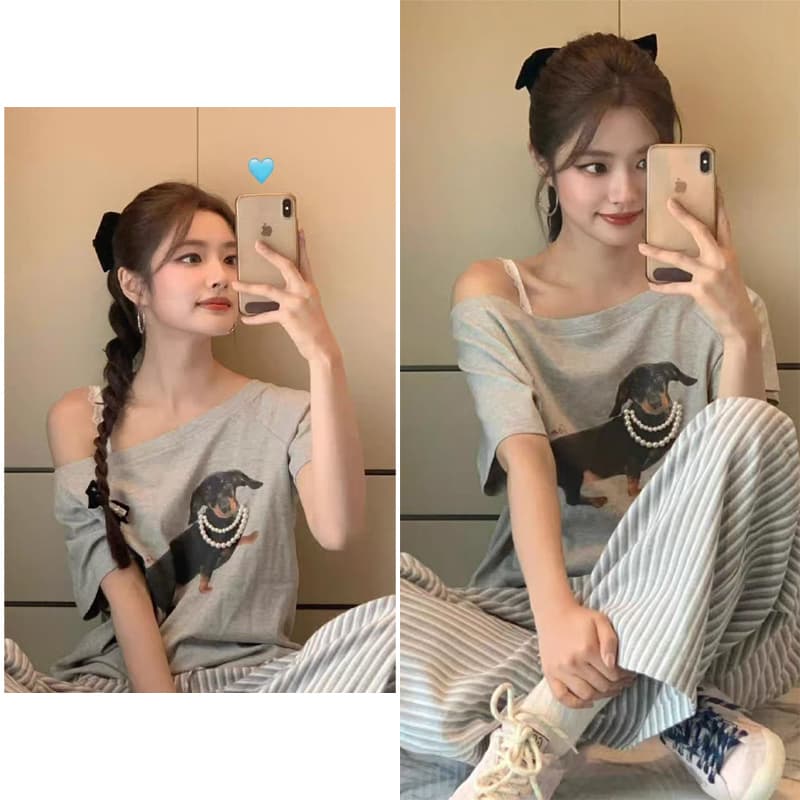 회색 새는 어깨 강아지 프린트 티셔츠 만화 연령 감소 반팔 맨위 여성 쉬 루오 한 하 닉 닫아 스타 같은 단락 이미지 5