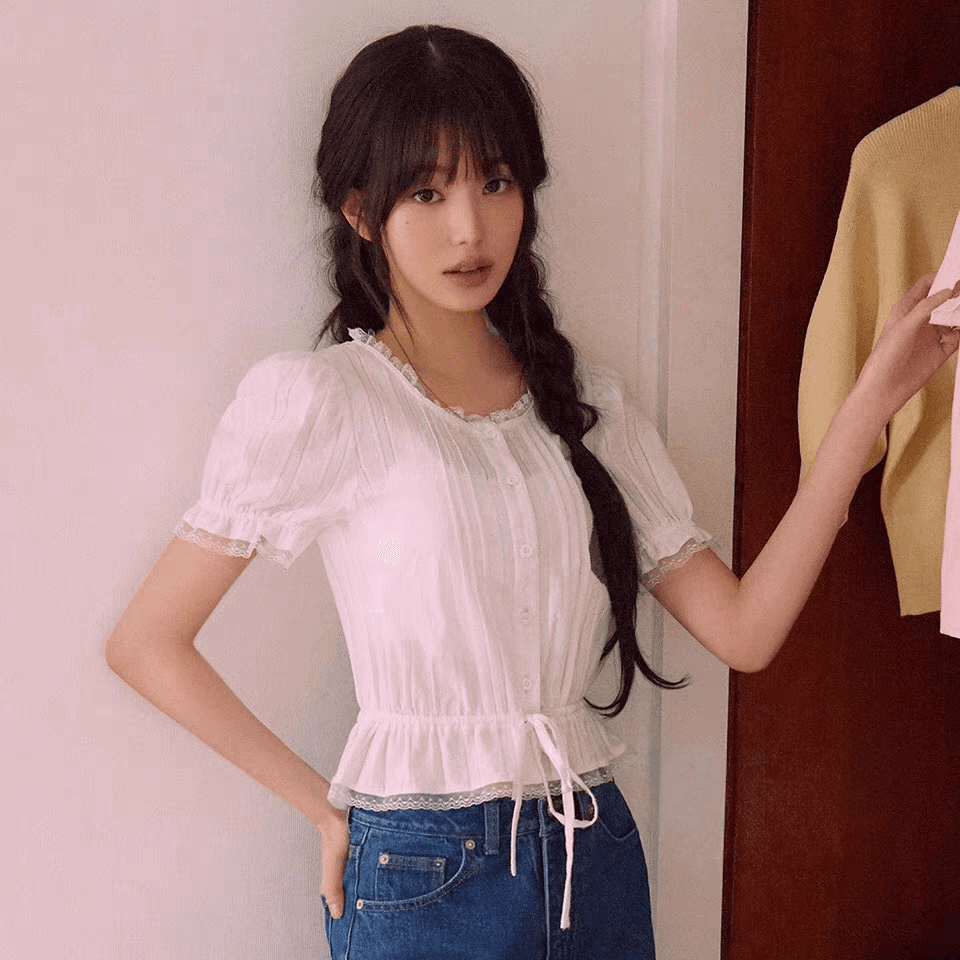 장 원 영어 버드 나무 지혜 민 같은 단락 한국 스타일 프랑스식 레이스 달콤함 소녀 버블 허리 수축 반팔 맨위 여성 상세 이미지 3