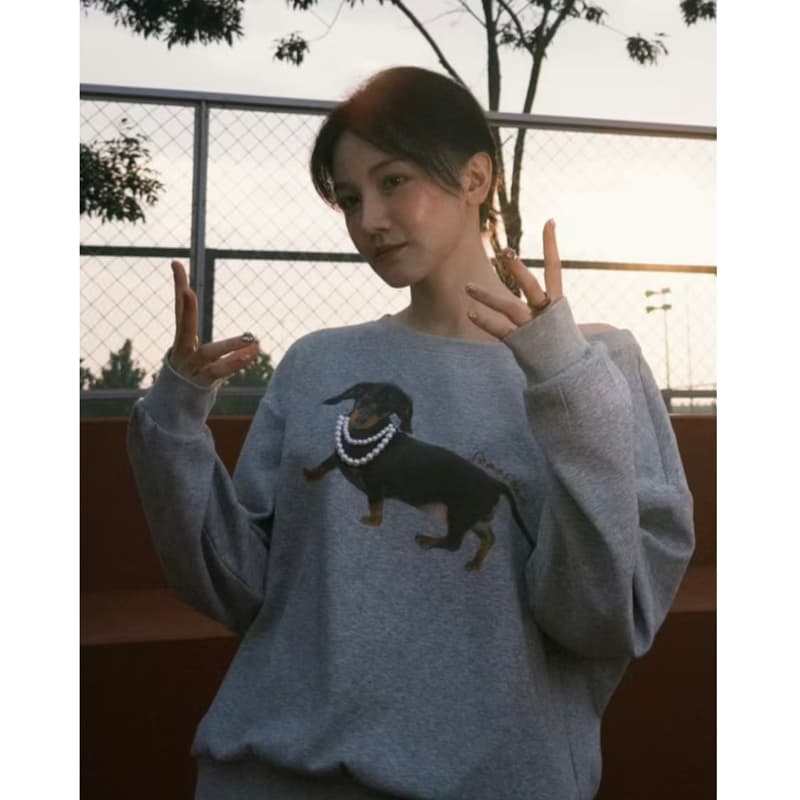 루 유 샤오 첸 작은 혼란스러운 같은 단락 아메리칸 레트로 진주 닥스 훈트 비스듬한 어깨 루즈핏 캐주얼 라운드 넥 프린트 후드티 여성 이미지 3