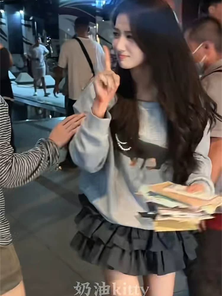 루 유 샤오 첸 작은 혼란스러운 같은 단락 아메리칸 레트로 진주 닥스 훈트 비스듬한 어깨 루즈핏 캐주얼 라운드 넥 프린트 후드티 여성 상세 이미지 7