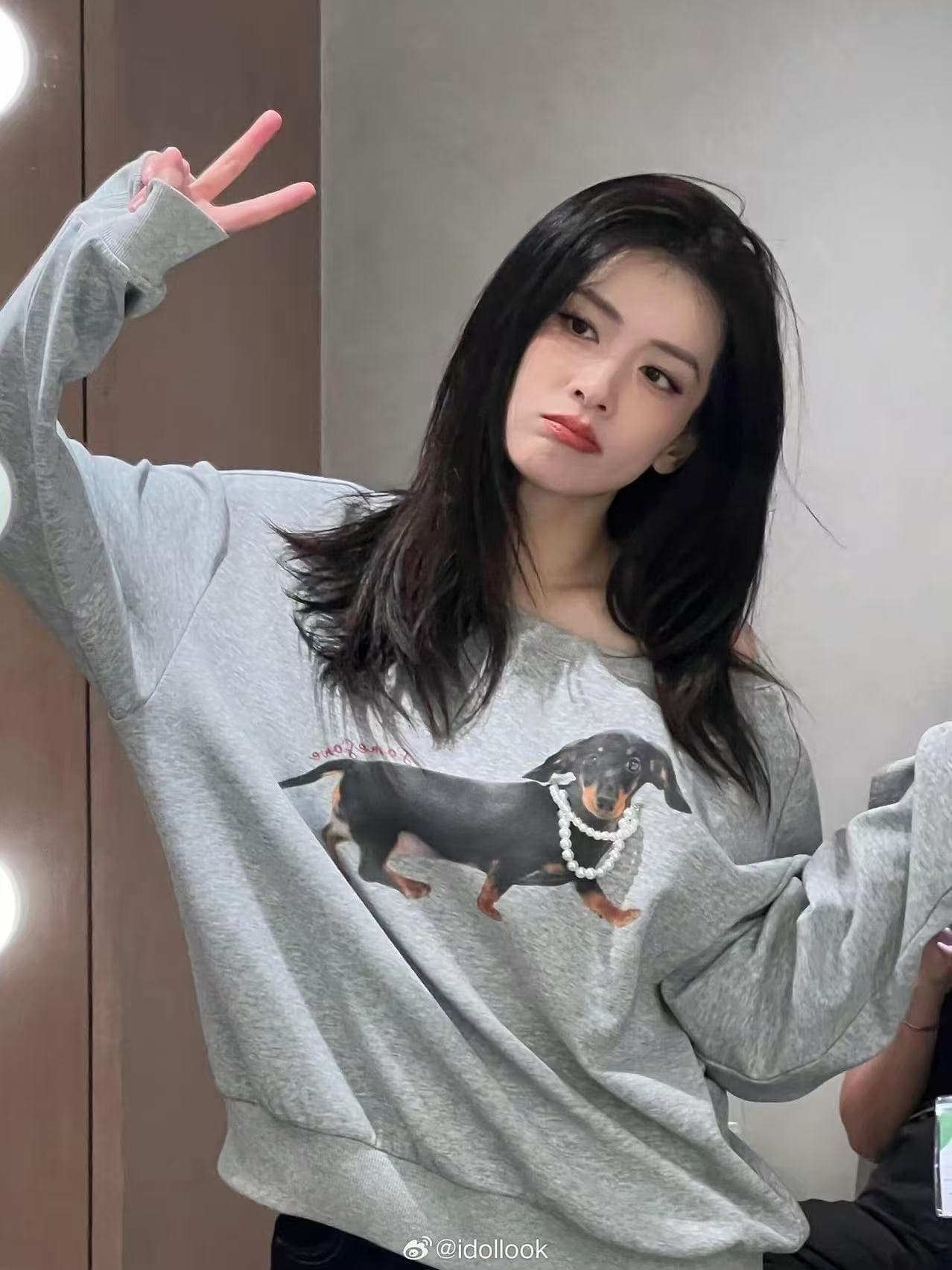 루 유 샤오 첸 작은 혼란스러운 같은 단락 아메리칸 레트로 진주 닥스 훈트 비스듬한 어깨 루즈핏 캐주얼 라운드 넥 프린트 후드티 여성 상세 이미지 9