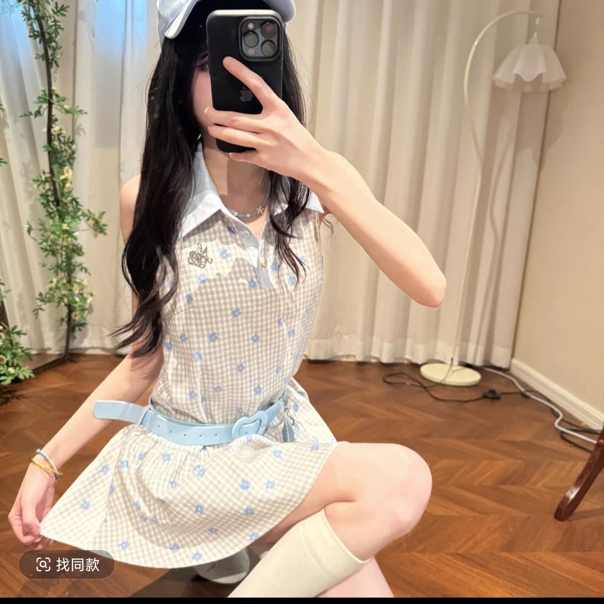 체크무늬 달콤한 버클 한 부서 달콤한 스타일 체크무늬 꽃무늬 민소매 맨위 여성 여름 새로운 반바지 이미지 3