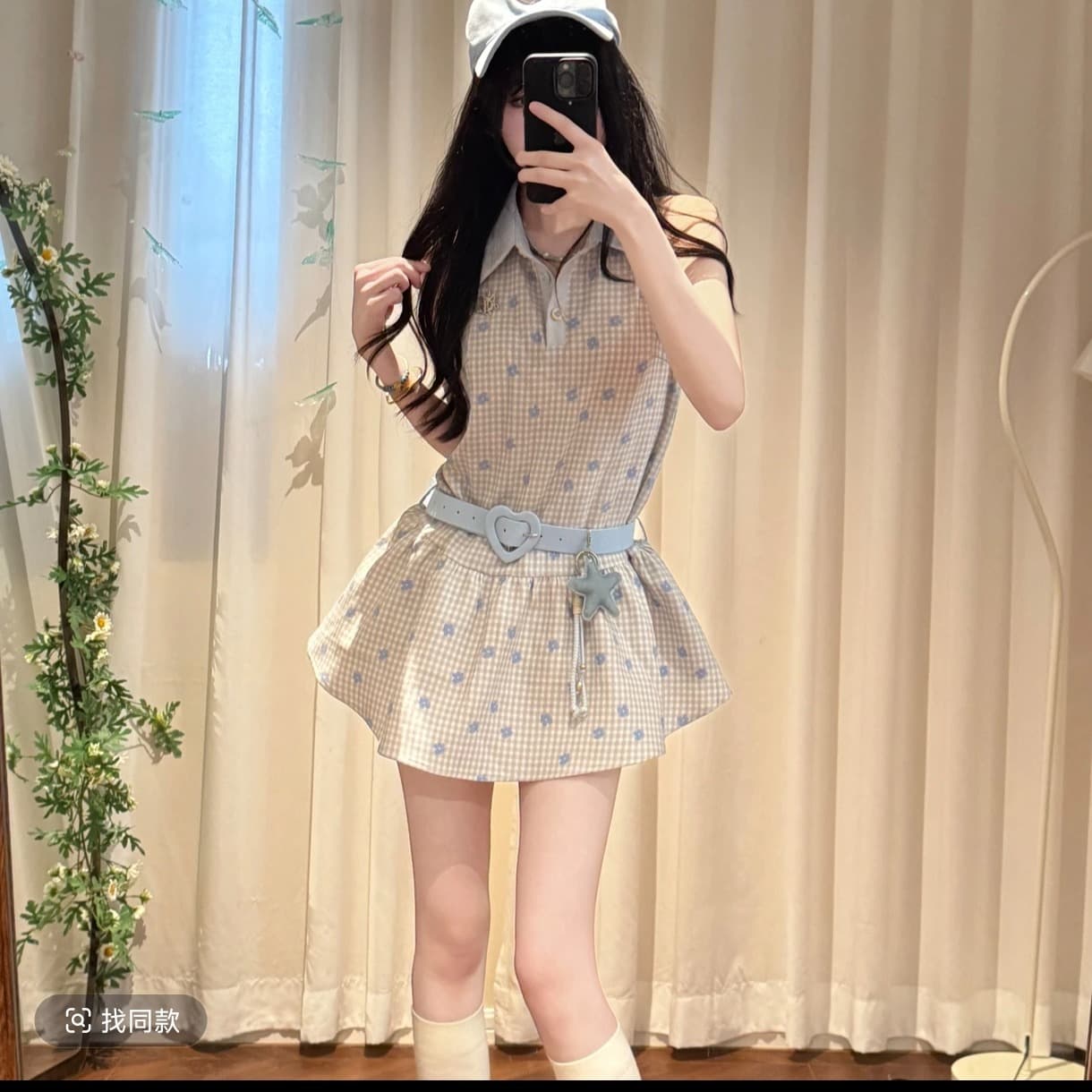 체크무늬 달콤한 버클 한 부서 달콤한 스타일 체크무늬 꽃무늬 민소매 맨위 여성 여름 새로운 반바지 이미지 5