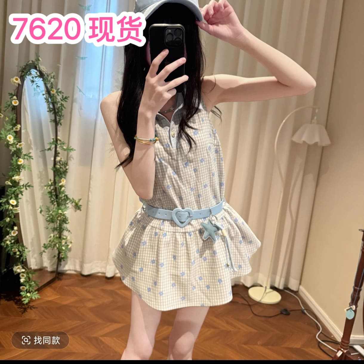 체크무늬 달콤한 버클 한 부서 달콤한 스타일 체크무늬 꽃무늬 민소매 맨위 여성 여름 새로운 반바지 이미지 2