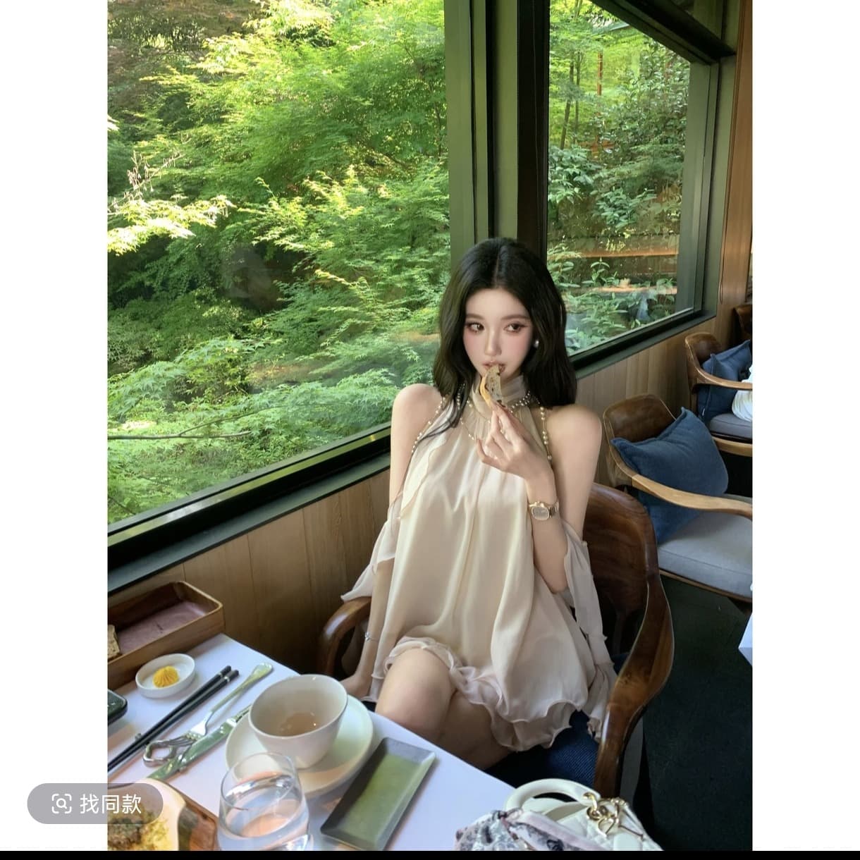 부드러운 안개 천 골드 행침 목 오프숄더 시폰 셔츠 여성 부드러운 물고기 실크 실 물결무늬 밑단 맨위 이미지 4