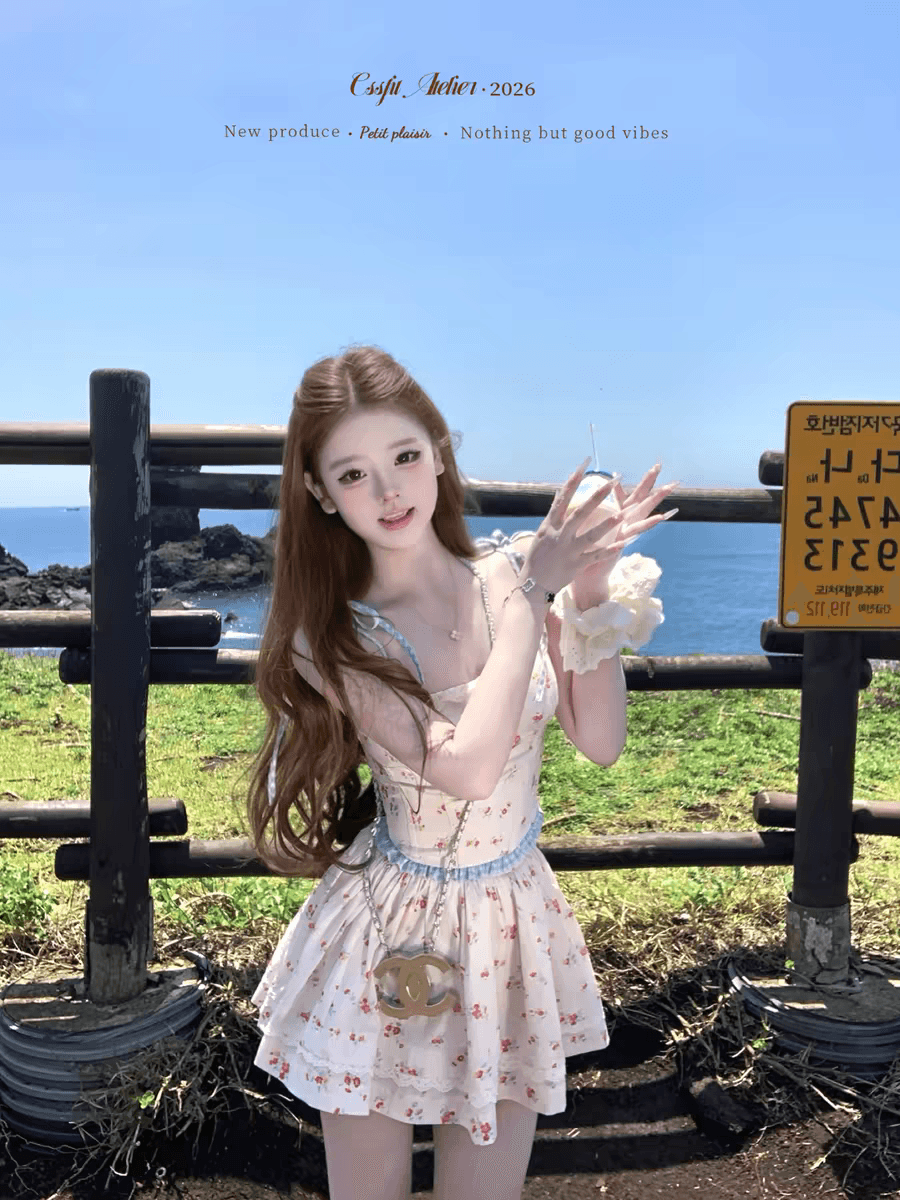 26 ss 복숭아 지앤 동의 doe 빨간색 블루 꽃무늬 슬립 반 스커트 면 100% 세트 그룹 이미지 4