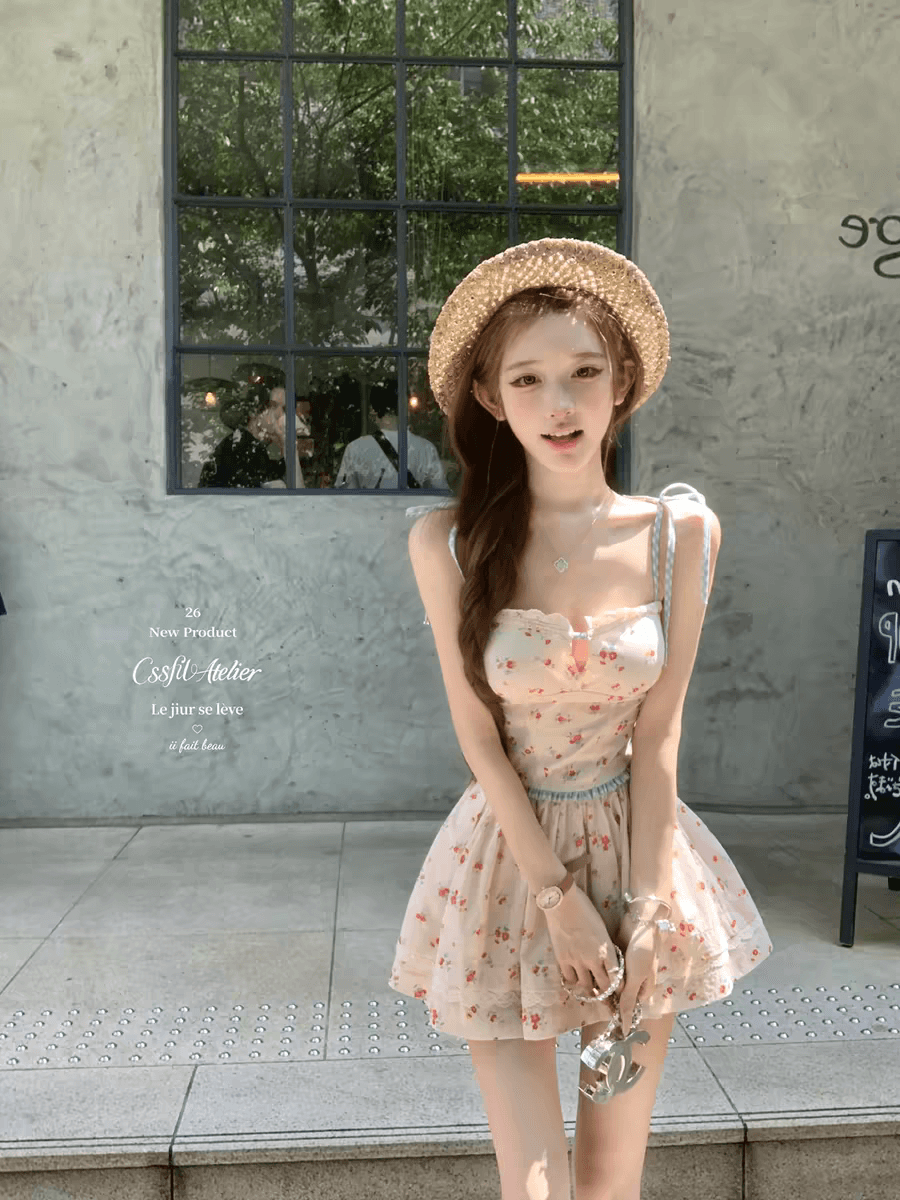 26 ss 복숭아 지앤 동의 doe 빨간색 블루 꽃무늬 슬립 반 스커트 면 100% 세트 그룹 이미지 2