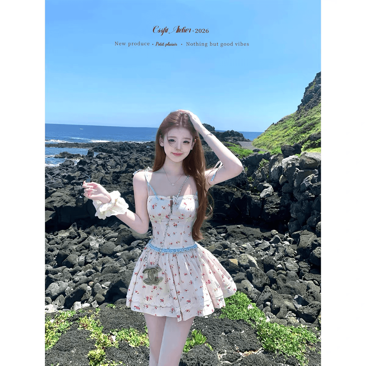 26 ss 복숭아 지앤 동의 doe 빨간색 블루 꽃무늬 슬립 반 스커트 면 100% 세트 그룹 이미지 3