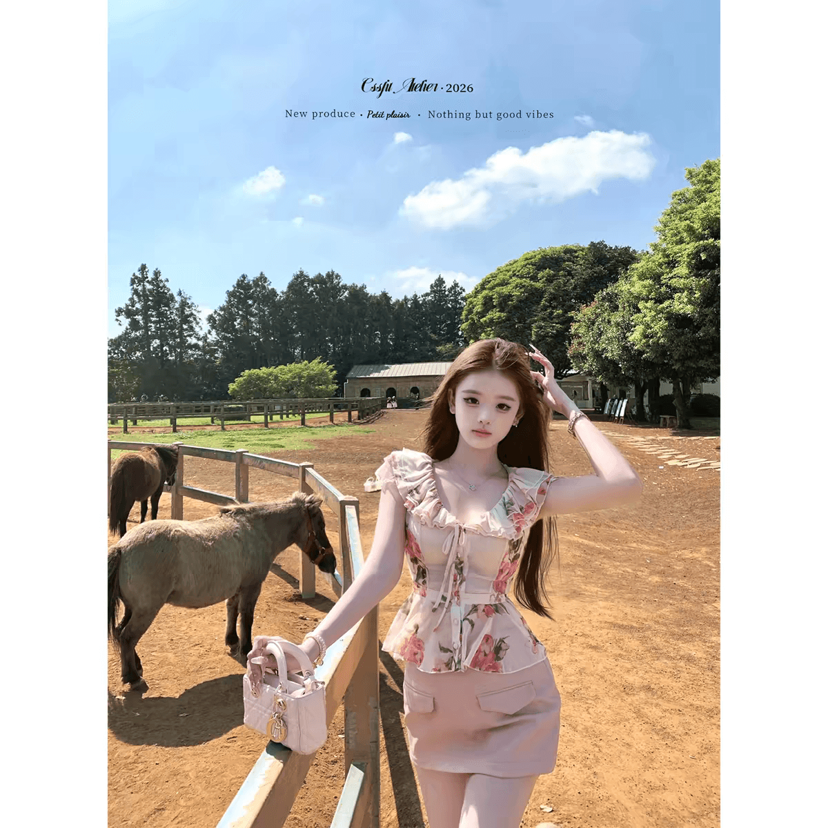 26 ss 사쿠라 음 나이 나이 분말 장미 꽃무늬 프릴 셔츠 분말 스웨이드 반 스커트 이미지 3