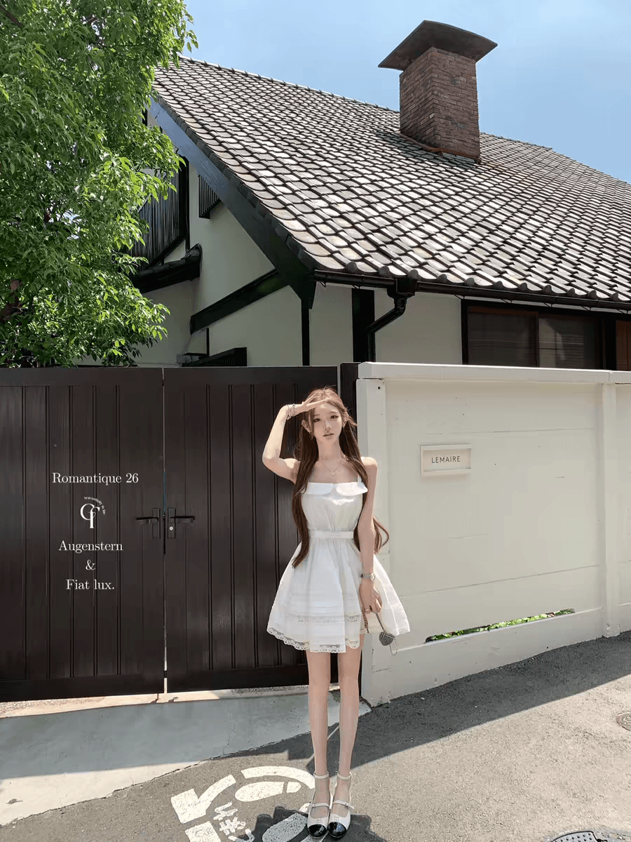 26 ss 플러그 웨이 빛 언어 jor a 작은 흰색 꽃 폴로 칼라 수공 자수 민소매 슬립 드레스