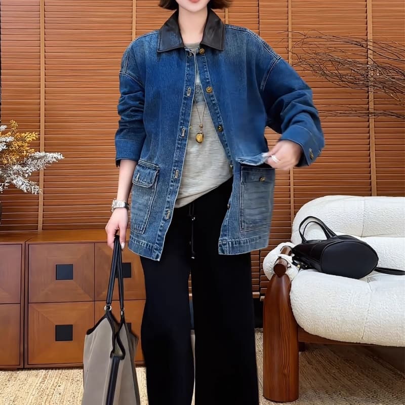2026 봄 새로운 그라데이션 파란색 가죽 고리 패치워크 더블 주머니 데님 여성 코트 다용도 캐주얼 루즈핏 맨위 이미지 2
