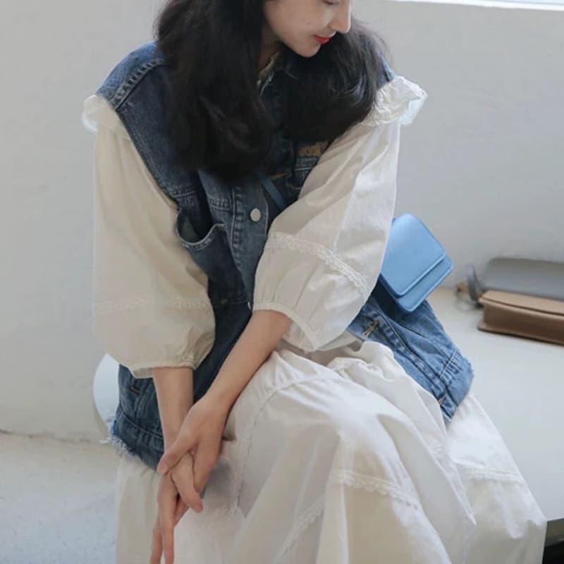 2026 봄 새로운 착용 가져 가라. 고급 센스 패션 프린트 다용도 슬림해 보이는 데님 베스트 스택 착용 맨위 여성 코트 이미지 4
