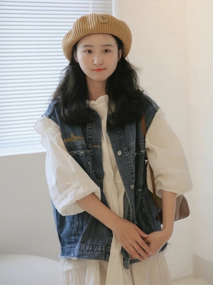 2026 봄 새로운 착용 가져 가라. 고급 센스 패션 프린트 다용도 슬림해 보이는 데님 베스트 스택 착용 맨위 여성 코트 상세 이미지 1