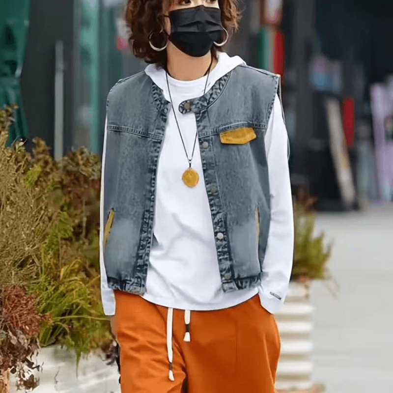 2026 봄 여름 새로운 캐주얼 패치워크 배색 데님 워싱 조끼 슬림해 보이는 문예 베스트 다용도 스택 착용 맨위 이미지 3