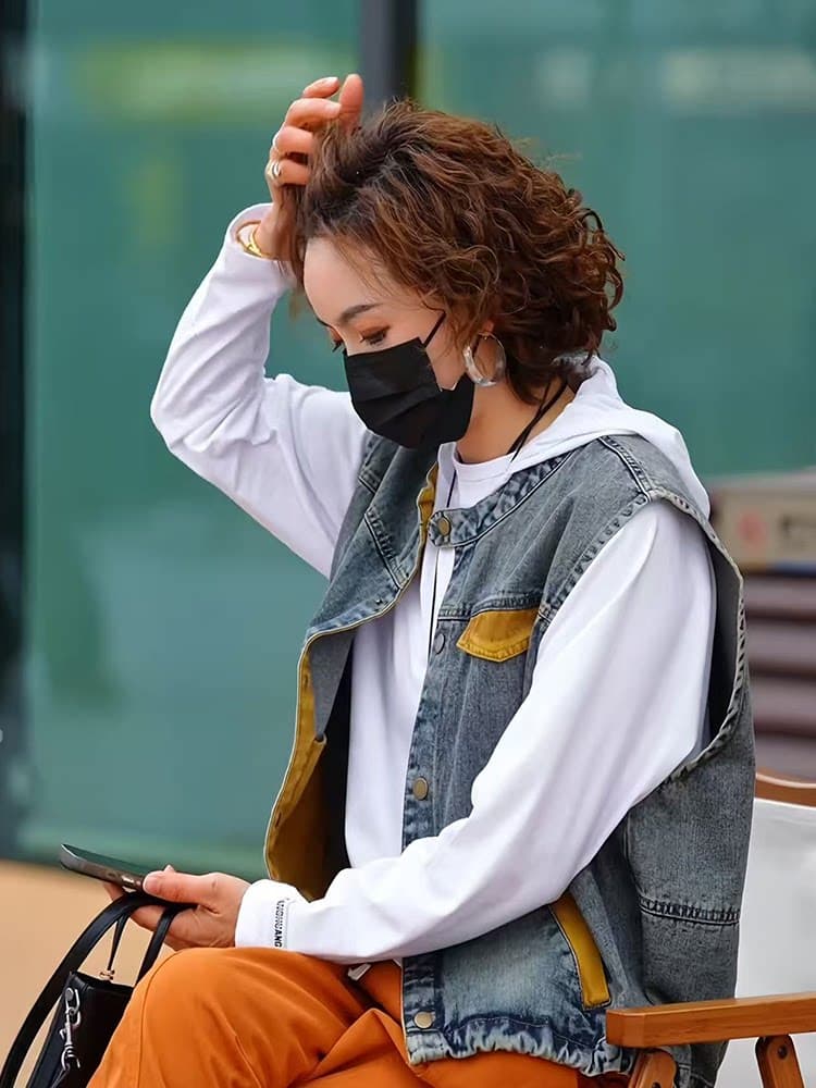 2026 봄 여름 새로운 캐주얼 패치워크 배색 데님 워싱 조끼 슬림해 보이는 문예 베스트 다용도 스택 착용 맨위 상세 이미지 5