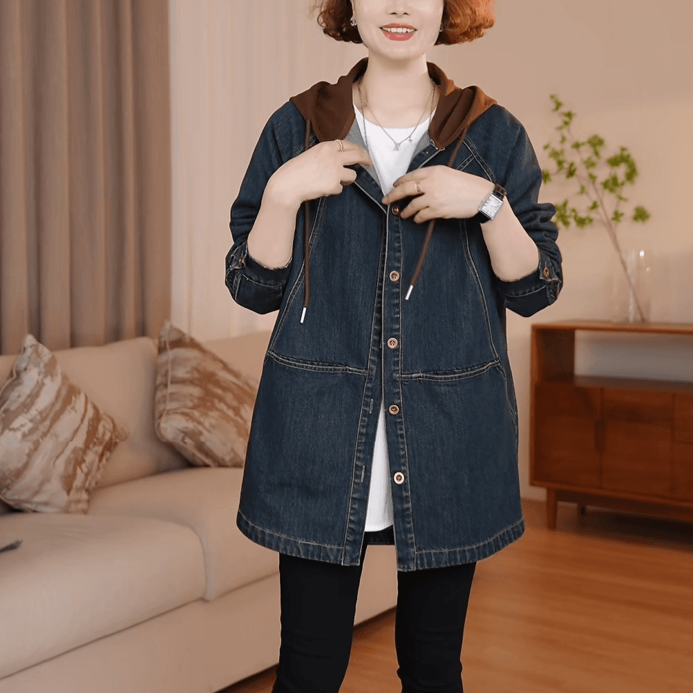 2026 가을 새로운 유럽 역 페이크 레이어드 후드 데님 여성 코트 빅 사이즈 캐주얼 루즈핏 종류 가을 겨울 여성 의류 상세 이미지 2