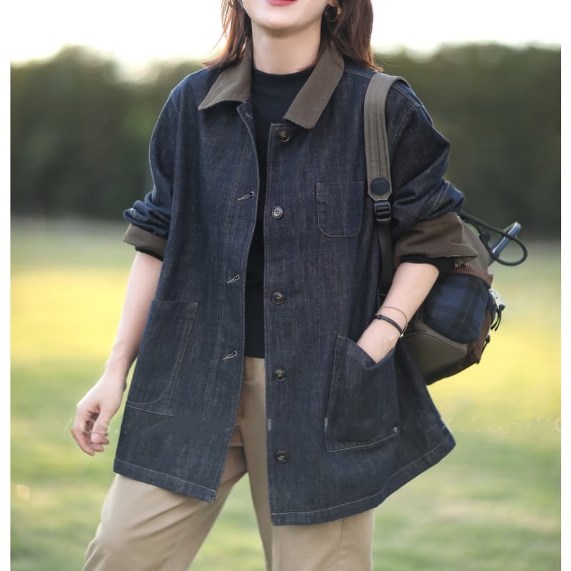 2026 가을 새로운 차가운 바람의 소리 있음 종류 슬림해 보이는 디스플레이 품격 폴로 칼라 중간 길이 데님 여성 코트 다용도 패션 맨위