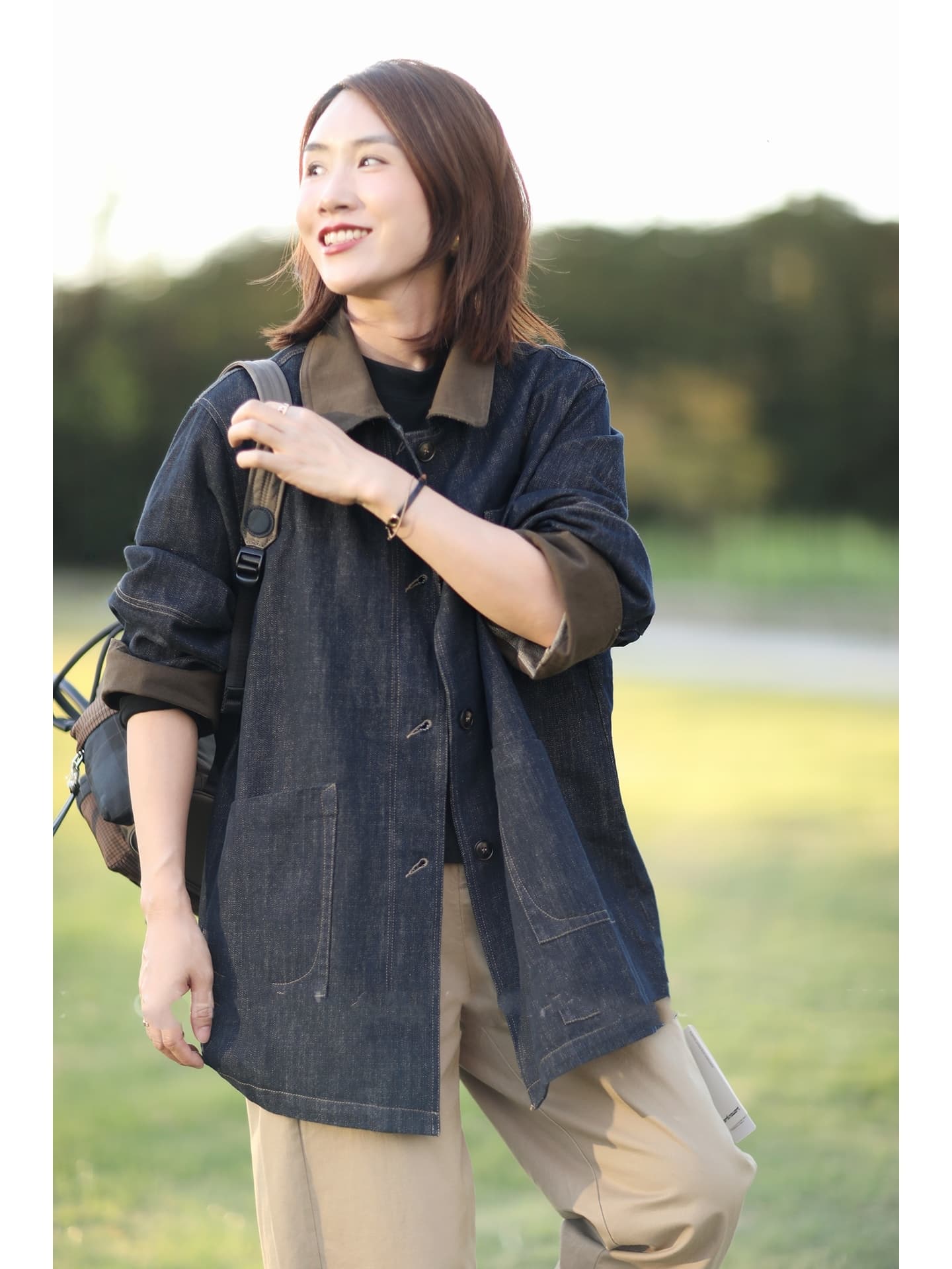 2026 가을 새로운 차가운 바람의 소리 있음 종류 슬림해 보이는 디스플레이 품격 폴로 칼라 중간 길이 데님 여성 코트 다용도 패션 맨위 상세 이미지 9