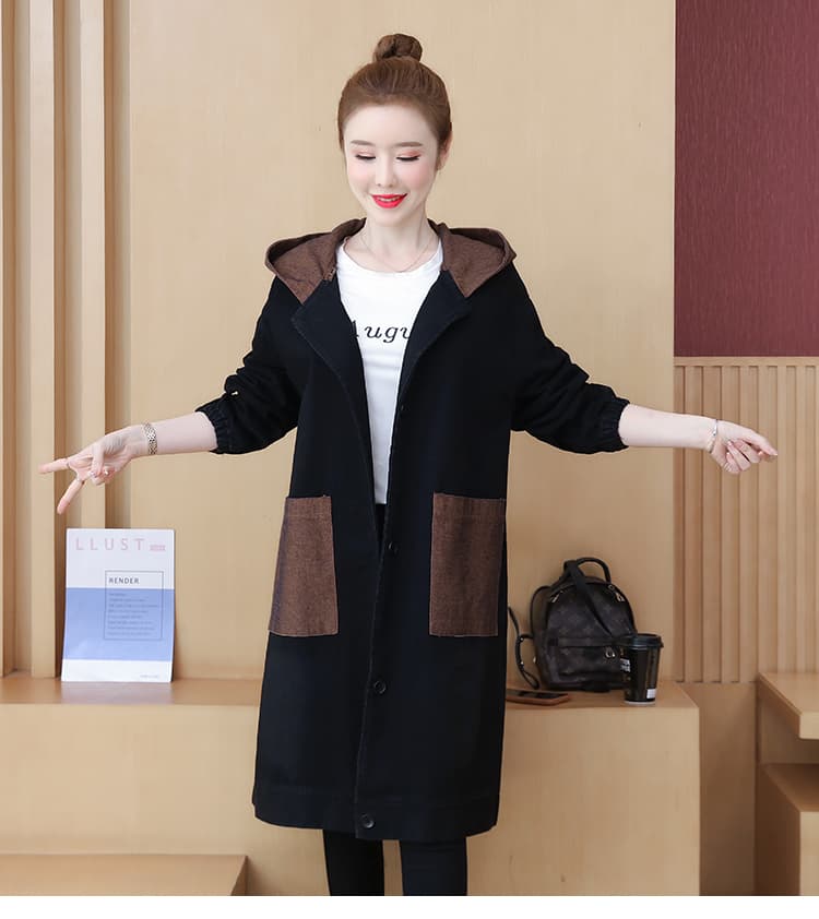 실사 2026 새로운 가을 데님 여성 후드 루즈핏 빅 사이즈 한국 스타일 다용도 중 캐주얼 롱 코트 프린트 재킷 상세 이미지 9