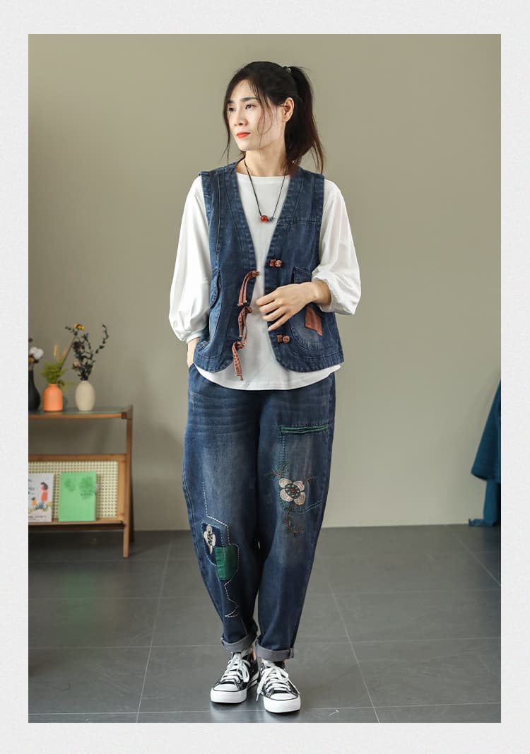 문예 V넥 단추 레트로 블루 워싱 마 오래된 데님 조끼 여자 민소매 맨위 실사 2026 가을 새로운 상세 이미지 14