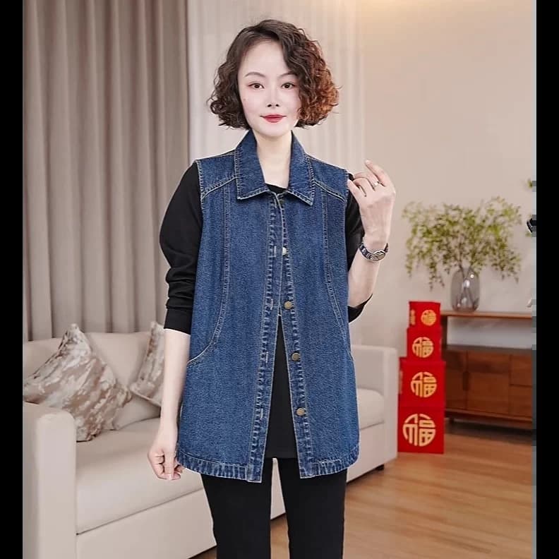 2026 가을 새로운 외국 가스 패션 데님 조끼 여자 루즈핏 빅 사이즈 민소매 스택 착용 조끼 어깨 맨위 상세 이미지 2
