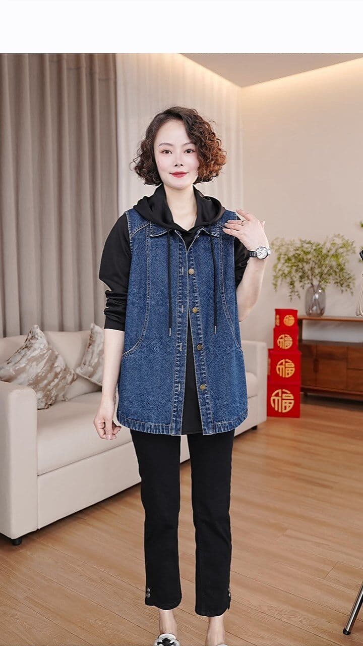 2026 가을 새로운 외국 가스 패션 데님 조끼 여자 루즈핏 빅 사이즈 민소매 스택 착용 조끼 어깨 맨위 상세 이미지 9