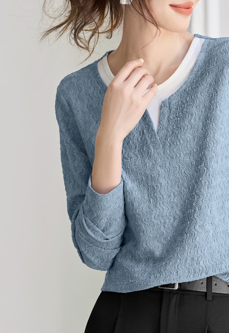 폼 한 에 따르면 아름다움 질감 패치워크 긴팔 2026 가을 새로운 캐주얼 라운드 넥 배색 물결무늬 질감 맨위 티셔츠 상세 이미지 5