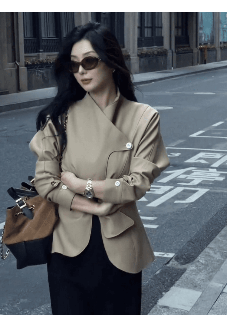 작은 대중 디자인 센스 카키 색 바람막이 여성 코트 2025 가을 새로운 단순한 관대 한 고급 센스 허리 수축 맨위 상세 이미지 5